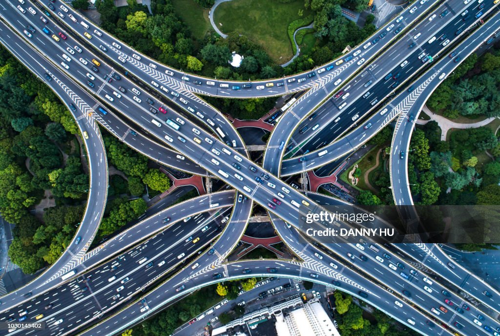 Directly above view of road junction in Shanghai