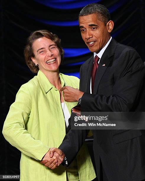 President Barack Obama greets Sen. Blanche Lincoln after signing the Dodd-Frank Wall Street Reform and Consumer Protection Act at the Ronald Reagan...