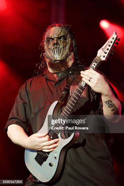 Slipknot guitarist Mick Thomson a.k.a. #7 performs on stage at the Soundwave Festival at the Melbourne Showgrounds on February 21, 2015 in Melbourne,...
