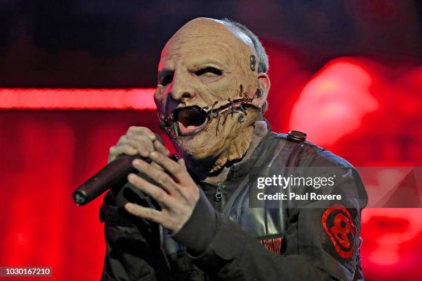 Slipknot singer Corey Taylor a.k.a. #8 performs on stage at the Soundwave Festival at the Melbourne Showgrounds on February 21, 2015 in Melbourne,...