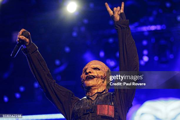 Slipknot singer Corey Taylor a.k.a. #8 performs on stage at the Soundwave Festival at the Melbourne Showgrounds on February 21, 2015 in Melbourne,...