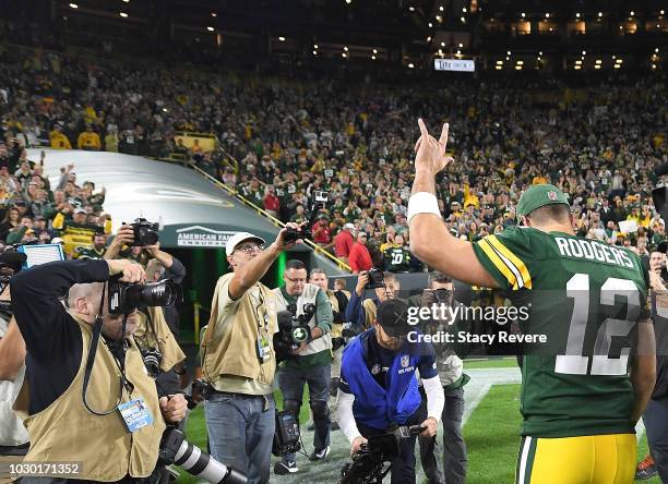 Aaron Rodgers of the Green Bay Packers walks off the field after a game against the Chicago Bears at Lambeau Field on September 9, 2018 in Green Bay,...