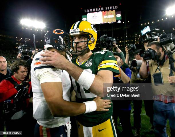 Aaron Rodgers shakes hands with Mitchell Trubisky after a game at Lambeau Field on September 9, 2018 in Green Bay, Wisconsin. The Packers defeated...