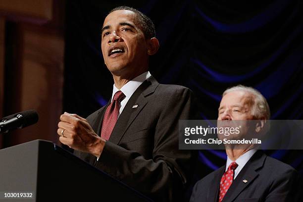 President Barack Obama speaks before signing the the financial reform bill into law during a ceremony with U.S. Vice President Joe Biden at the...