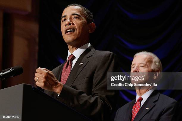 President Barack Obama speaks before signing the the financial reform bill into law during a ceremony with U.S. Vice President Joe Biden at the...