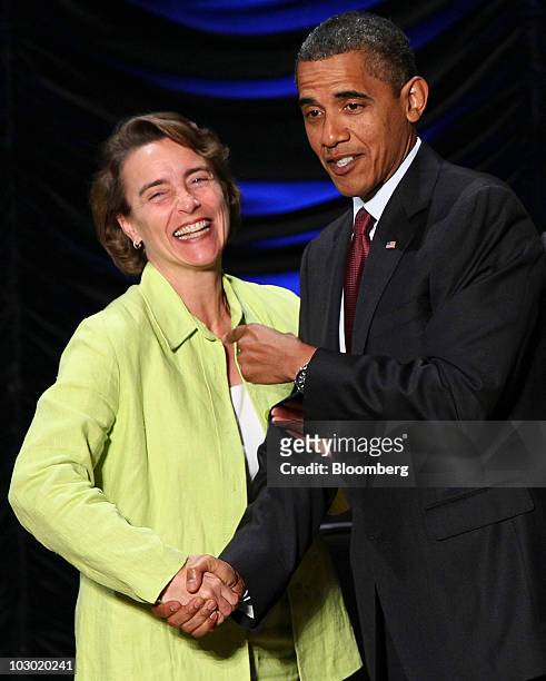 President Barack Obama, right, greets Senator Blanche Lincoln, a Democrat from Arkansas, during a signing ceremony for the Dodd-Frank Wall Street...
