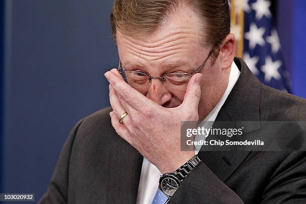 White House Press Secretary Robert Gibbs speaks after he apologized for Shirley Sherrod being asked to resign during his daily press briefing at the...