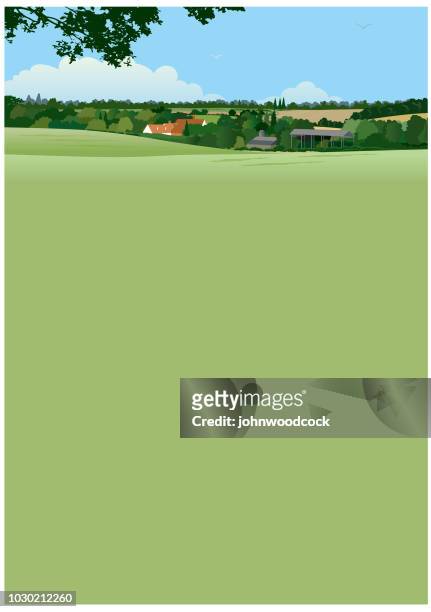 grüne landschaft abbildung - farmhouse stock-grafiken, -clipart, -cartoons und -symbole