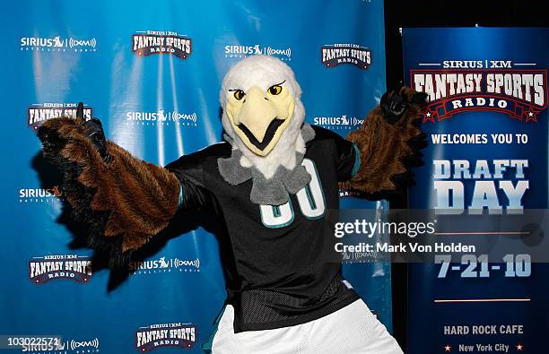 Philadelphia Eagles mascot Swoop attends the SIRIUS XM Radio celebrity fantasy football draft at Hard Rock Cafe - Times Square on July 21, 2010 in...