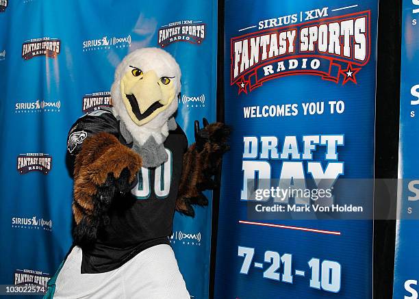 Philadelphia Eagles mascot Swoop attends the SIRIUS XM Radio celebrity fantasy football draft at Hard Rock Cafe - Times Square on July 21, 2010 in...