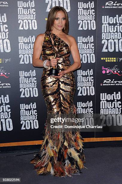 Singer Jennifer Lopez poses in the press room during the World Music Awards 2010 at the Sporting Club on May 18, 2010 in Monte Carlo, Monaco.