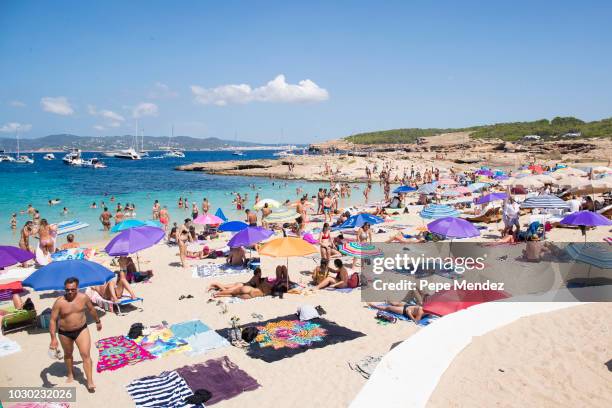 General view at Cala Bassa beach on August 29, 2018 in Ibiza, Spain. The beaches of Ibiza are famous for its clear water and Ibiza is a popular...