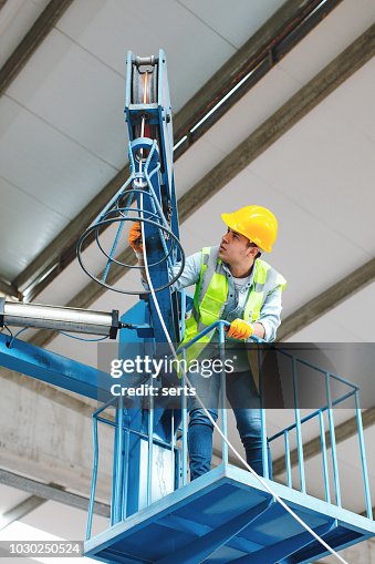 Wire Operator Young Worker Man Working With Industrial Wire Handling Equipment In ...