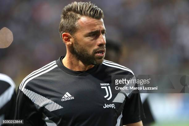 Andrea Barzagli of Juventus looks on before the serie A match between Parma Calcio and Juventus at Stadio Ennio Tardini on September 1, 2018 in...