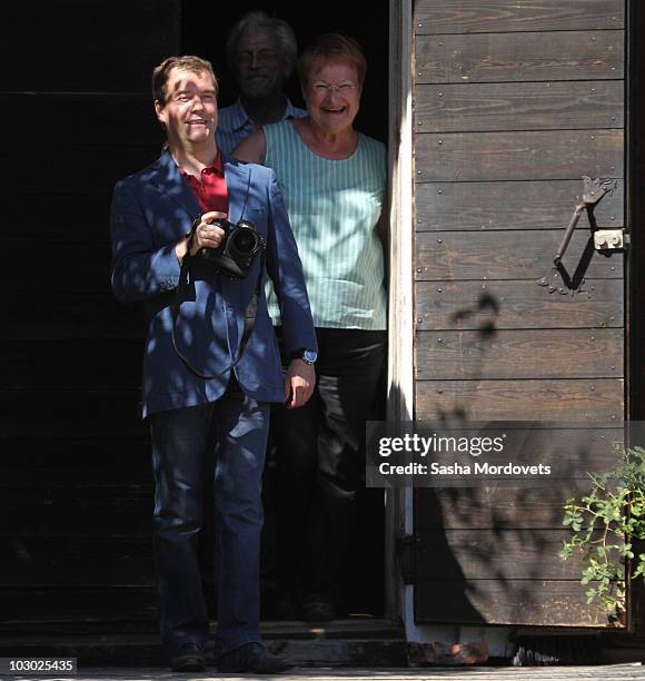 Russian President Dmitry Medvedev and Finland's President Tarja Halonen visit the Seili Island in Baltic Sea, Finland, on July 21, 2010. Both...