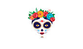 Dia de los muertos, Day of the dead, Mexican holiday, festival. Poster, banner and card with make up of sugar skull, woman with flowers