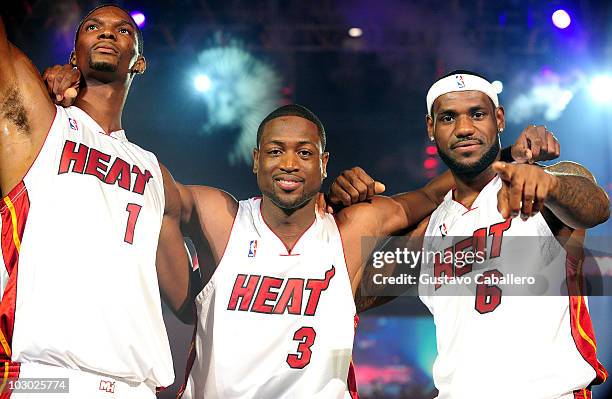 Chris Bosh, Dwyane Wade, and LeBron James of the Miami Heat are introduced at the HEAT Summer of 2010 Welcome Event at AmericanAirlines Arena on July...