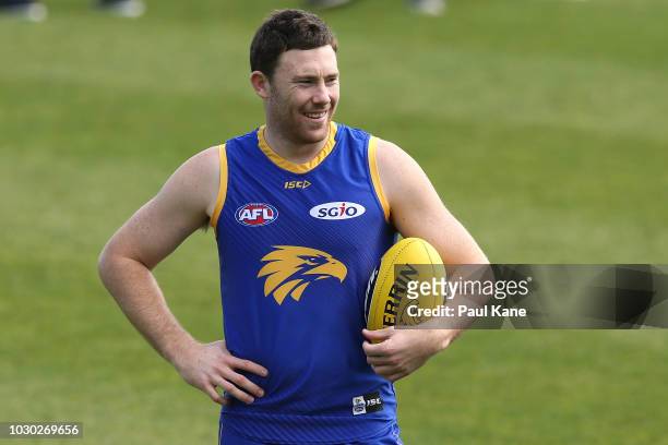 Jeremy McGovern of the Eagles looks onduring a West Coast Eagles AFL training session at Subiaco Oval on September 10, 2018 in Perth, Australia.