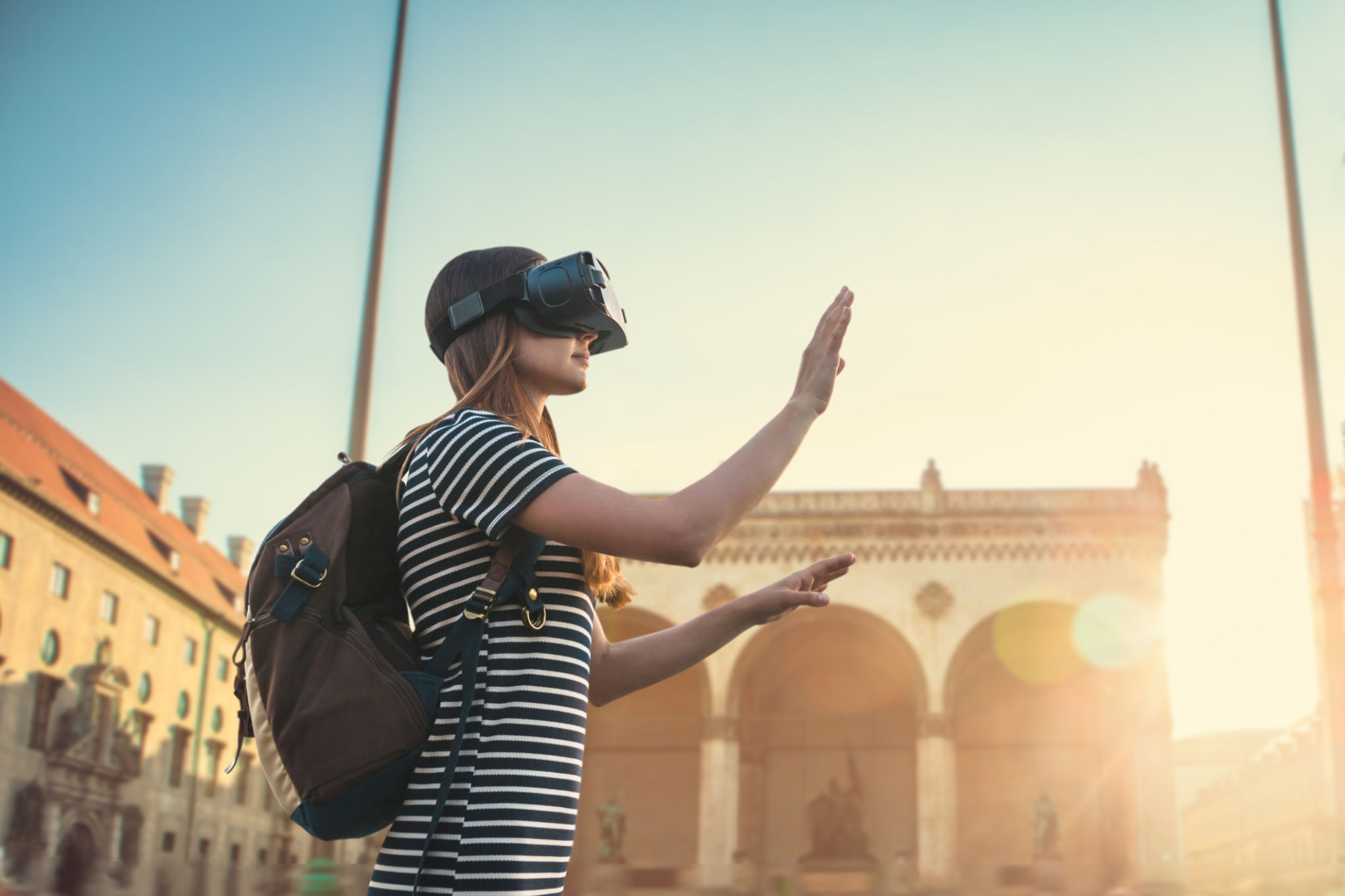 Girl tourist in glasses virtual reality. The concept of virtual tourism Girl tourist in glasses virtual reality. The concept of virtual tourism
