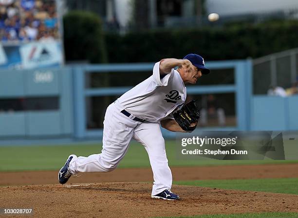 Chad Billingsley of the Los Angeles Dodgers throws a pitch against the San Francisco Giants on July 21, 2010 at Dodger Stadium in Los Angeles,...