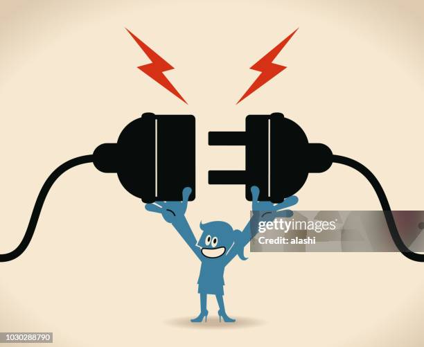 blue woman holding huge wired electrical plug and socket ready to establish connection - plug socket stock illustrations