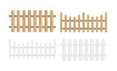 Vector illustration set of the different wood fences in light brown and white color and different shapes in flat style.