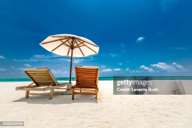 luxury travel background, lounge chair sand amazing summer beach mood - mauritius beach stock-fotos und bilder