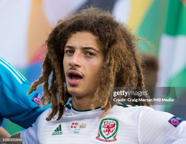 Ethan Ampadu of Wales sings the anthem during the UEFA Nations League B group four match between Denmark and Wales at Ceres Park on September 9, 2018...