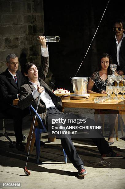 Comedians Thomas Landbo, Clotilde Hesme, Jeanne Tremsal and Mathieu Genet perform during a rehearsal of "Ball" by Bertolt Brecht directed by French...