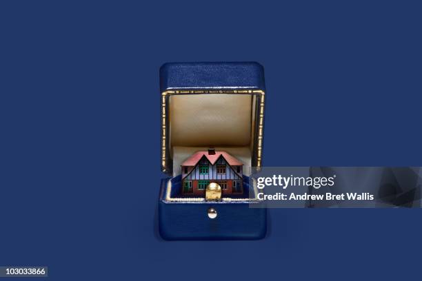 model house inside an opened blue jewellery box - portagioie foto e immagini stock