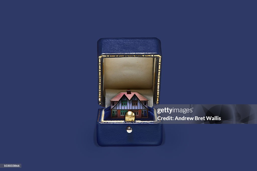 Model house inside an opened blue jewellery box