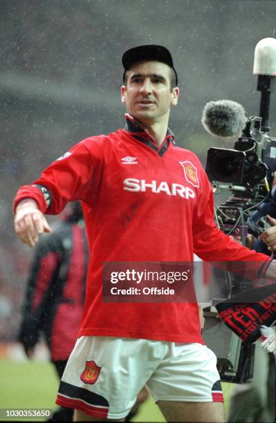 April 1996 - FA Carling Premiership - Manchester United v Nottingham Forest - Eric Cantona of Manchester United in a baseball cap -