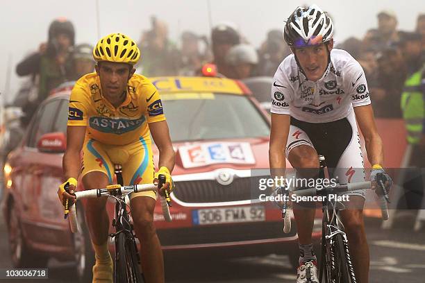 Luxembourg's Andy Schleck crosses the finish line ahead of Spaniard Alberto Contador at the end of stage 17 of the Tour de France on July 22, 2010 in...