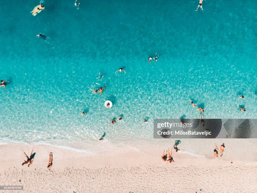 Aerial view of people at the beach,Ionian Islands, Greece
