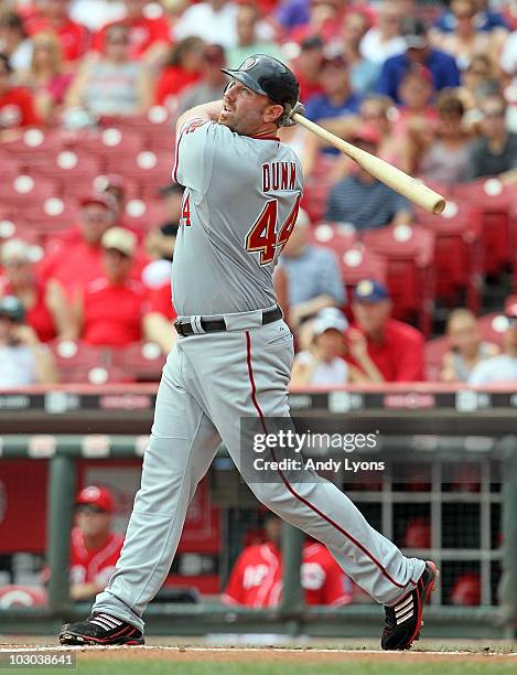 Adam Dunn of the Washington Nationals hits a home run during the game against the Cincinnati Reds at Great American Ball Park on July 22, 2010 in...