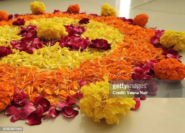 onam pookalam/floral carpet/kerala - indian kolam stock-fotos und bilder