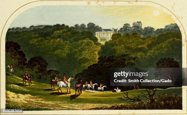 Color print depicting a number of mounted fox hunters, wearing red jackets, navigating a slope in the foreground, with Denby Grange, a large...