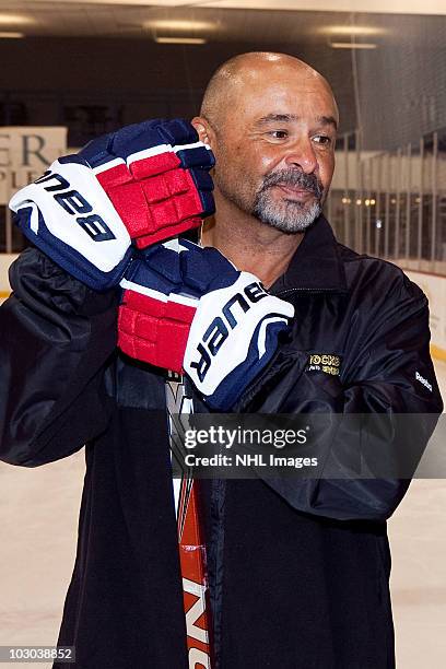 Grant Fuhr, five-time Stanley Cup Champion and Hockey Hall of Famer, at an on-ice clinic at the NHL And Verizon Team Up To Support Wounded Warriors...