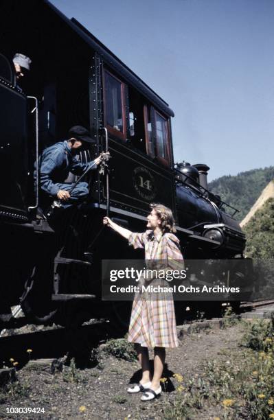 Woman chats with the engineers of the vintage narrow guage steam engine on the East Tennessee & Western North Carolina railway running the 65 miles...