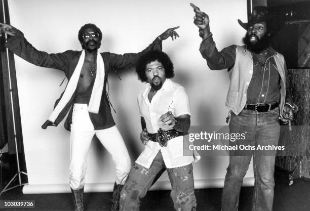 Singers Calvin Simon, Fuzzy Haskins and Grady Thomas of the funk band Parliament-Funkadelic pose for a portrait in circa 1977.