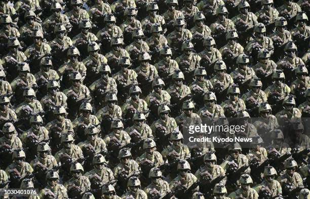 Soldiers take part in a military parade in Pyongyang's Kim Il Sung Square on Sept. 9 celebrating the 70th anniversary of North Korea's founding....