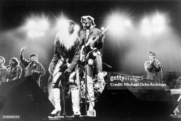 George Clinton and Garry Shider of the funk band Parliament-Funkadelic perform onstage in circa 1977.