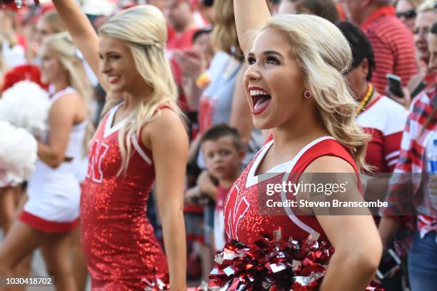 Cheerleaders from the Nebraska Cornhuskers cheer the team before the game against the Akron Zips at Memorial Stadium on September 1, 2018 in Lincoln,...