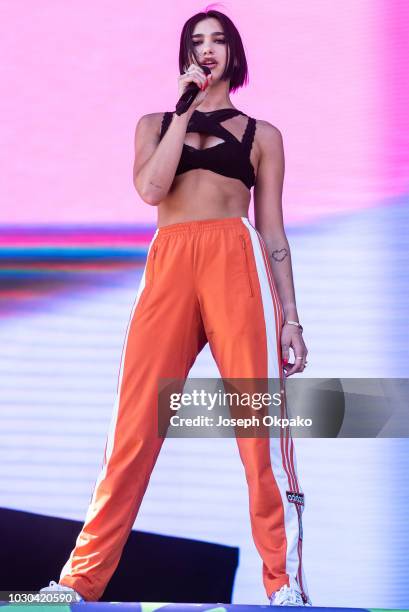 Dua Lipa performs on stage on Day 2 at the fourth edition of Lollapalooza Berlin at Olympiastadion on September 9, 2018 in Berlin, Germany.