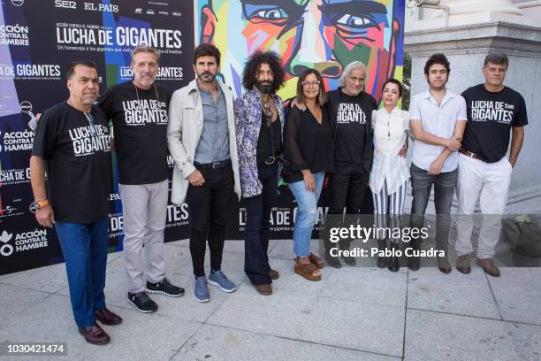 Emilio Aragon , Carlos Vega , Hernan Zin 3th L), Angels Barcelo and Ara Malikian present the 'Lucha de Gigantes' project at Teatro Real on September...
