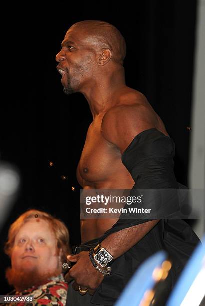 Actor Terry Crews onstage at the "The Expendables" panel during Comic-Con 2010 at San Diego Convention Center on July 22, 2010 in San Diego,...