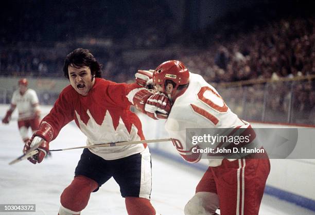 The Summit Series: Canada Brad Park in action vs USSR Aleksandr Maltsev at Winnipeg Arena. Game 3. Winnipeg, Canada 9/6/1972 CREDIT: John D. Hanlon