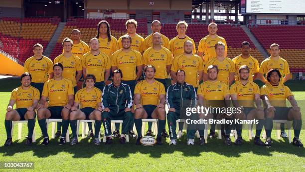 The Wallabies pose for a team photo before the Australian Wallabies Captain's Run at Suncorp Stadium on July 23, 2010 in Brisbane, Australia.