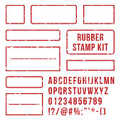 Rubber stamp letters. Red stamps frame and letterpress symbols with font numbers. Marks kit vector set
