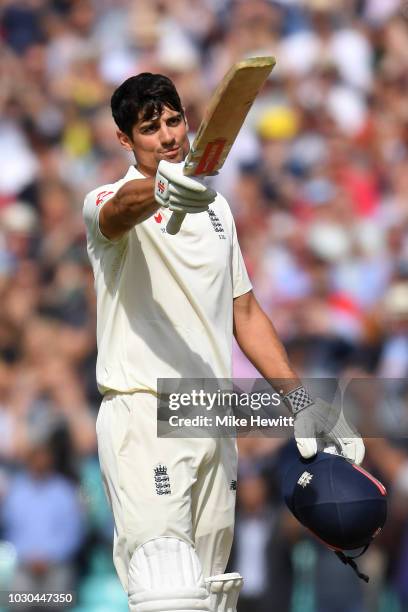 Alastair Cook of England celebrates after reaching his century in his last Test match during the Specsavers 5th Test - Day Four between England and...